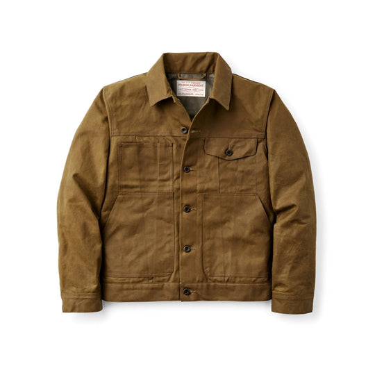 Tan canvas work jacket with a pointed collar, button front, and four front pockets