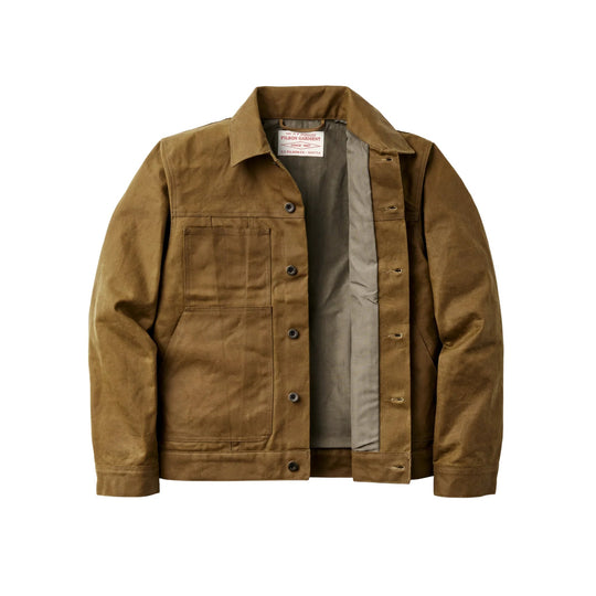 Brown canvas jacket with large front patch pocket, button front, and gray lining
