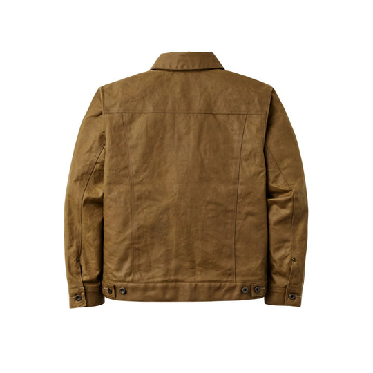 Brown short-lined jacket shown from the back with a pointed collar, long sleeves, and buttoned cuffs