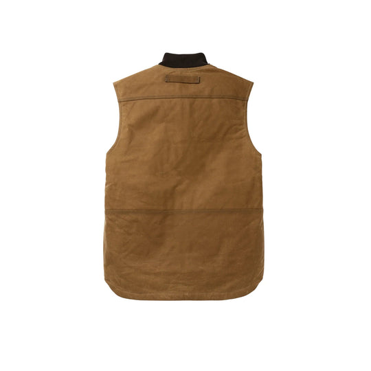 Tan sleeveless work vest with a black ribbed collar, shown from the back