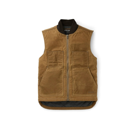 Brown canvas zip-front work vest with four patch pockets and a ribbed collar