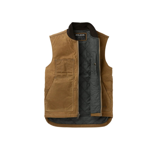Brown canvas work vest with black quilted lining and front zipper, shown open.