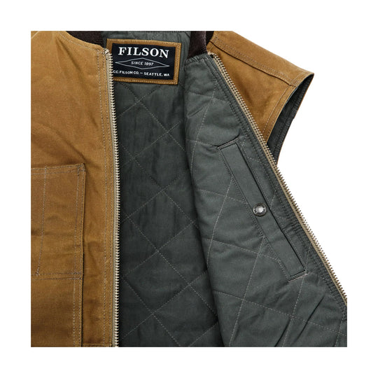 Brown work vest with black quilted lining and visible FILSON label