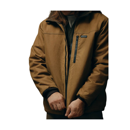 Brown zip-front jacket with high collar, chest logo patch, and vertical chest pocket