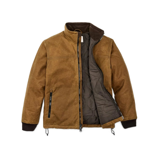 Brown suede zip-up jacket with quilted lining, stand collar, and side zipper pockets