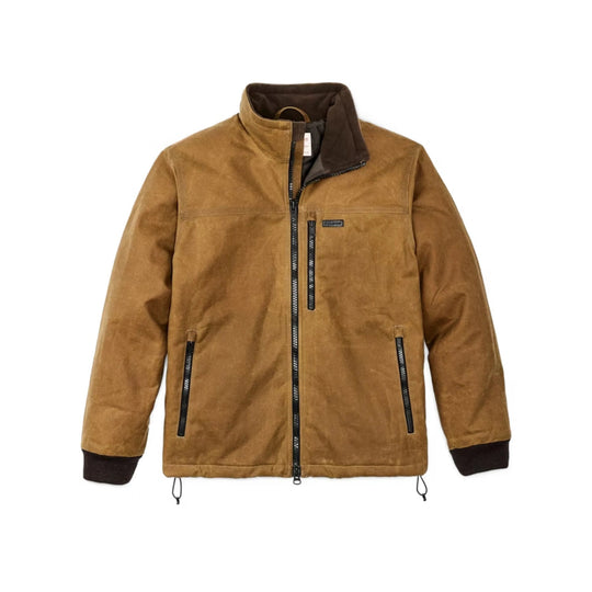Brown zip-front jacket with black collar, cuffs, and pocket zippers