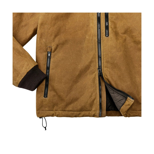 Brown jacket with black zippers, ribbed cuff, and adjustable hem cord