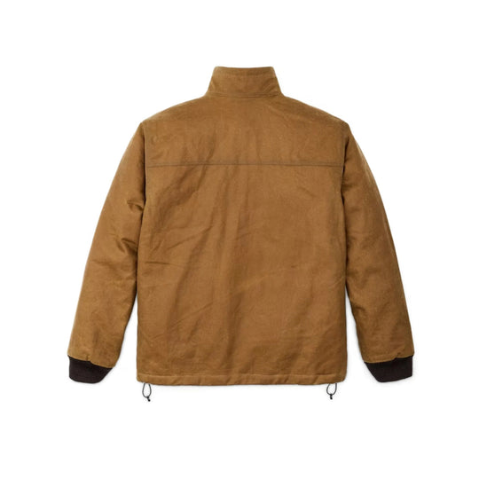 Brown insulated jacket shown from the back with a high collar and black cuffs