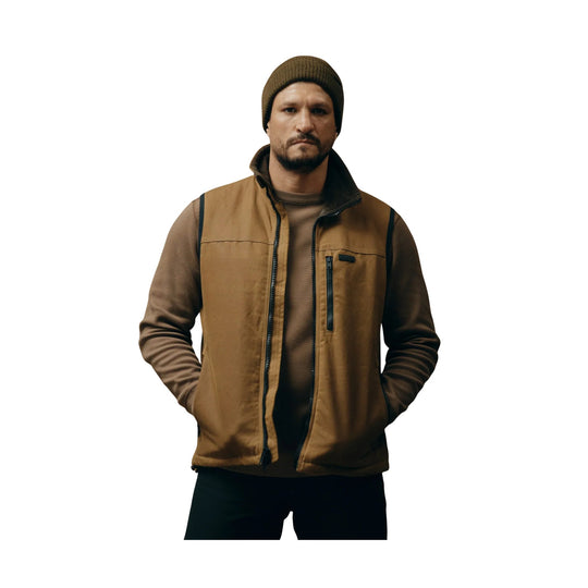 Tan vest layered over a brown knit shirt, shown on a man against a white background