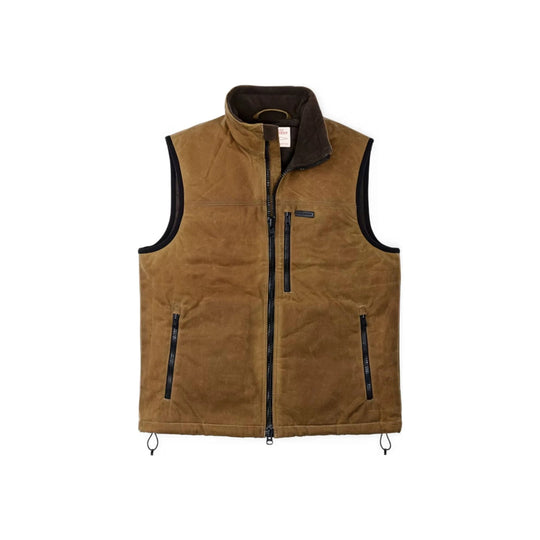 Brown insulated vest with black trim, front zipper, chest pocket, and two zip hand pockets
