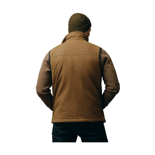 Brown insulated vest shown from the back over a dark shirt and pants