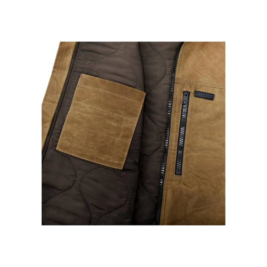 Brown suede and quilted vest with a front zipper pocket and FILSON patch