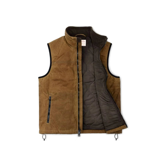 Tan sleeveless zip vest with dark quilted lining, stand collar, and front zip pocket