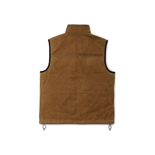 Brown sleeveless vest with black armhole trim and drawcord hem, back view