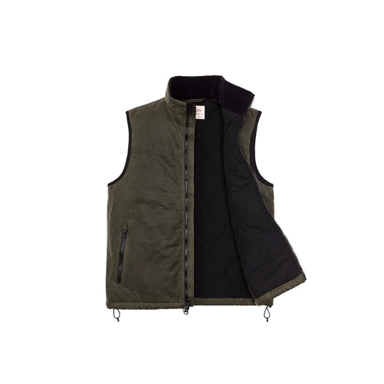 Olive quilted zip-front vest with high collar, black lining, and front pockets