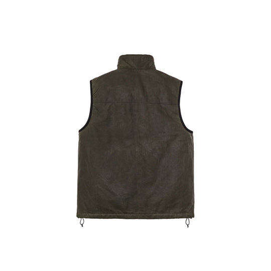 Dark olive quilted vest shown from the back, with a stand collar and drawcord hem