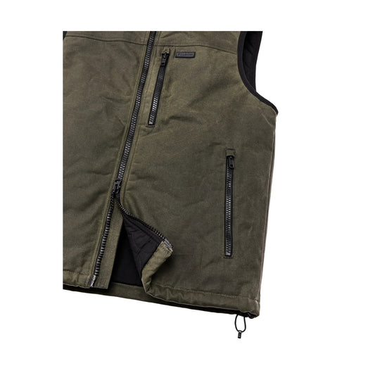 Olive insulated vest with front zip closure and three zip pockets