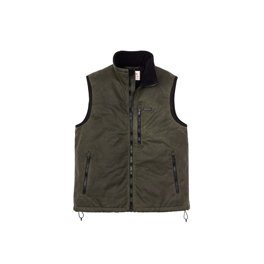 Olive green insulated vest with black trim, front zipper, and multiple zip pockets