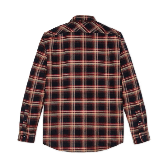 Back view of a black, red, and tan plaid flannel button-up shirt