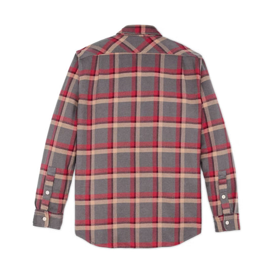 Gray, red, and tan plaid long-sleeve button-up shirt shown from the back