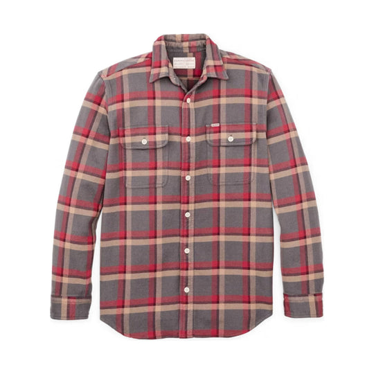Gray, red, and tan plaid long-sleeve button-up shirt with two chest pockets.
