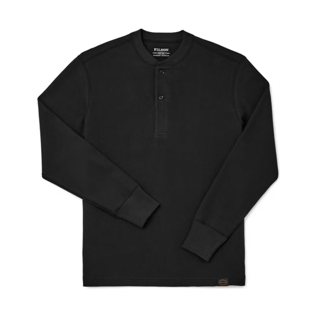 Black long-sleeve henley shirt with button placket and ribbed cuffs