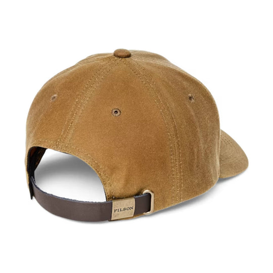 Tan canvas baseball cap shown from the back, with an adjustable leather strap and metal buckle