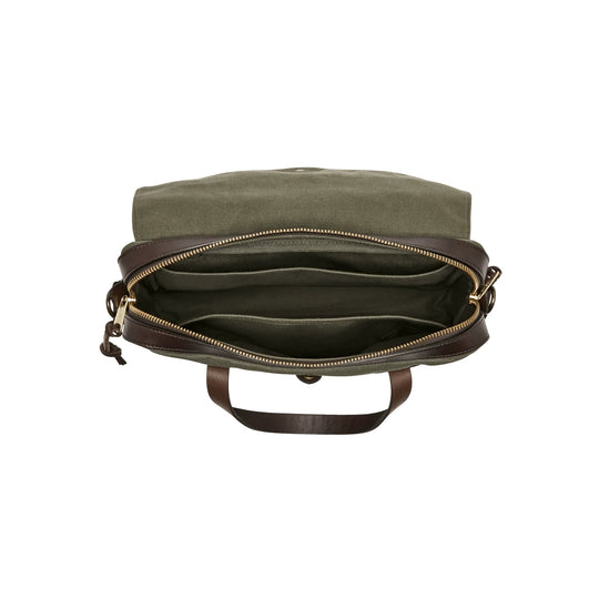 Olive canvas briefcase with brown leather trim, open top zipper, and handle