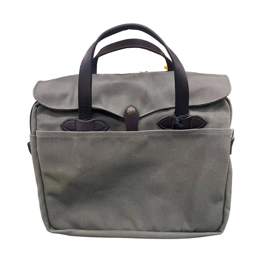 Gray canvas briefcase with black leather handles, front flap closure, and a large front pocket