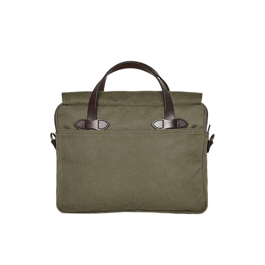 Olive canvas briefcase with dark leather handles and front pocket