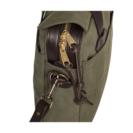 Olive canvas briefcase with leather trim, gold zipper pulls, and side D-ring hardware