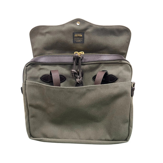 Olive canvas briefcase with leather trim, front pocket, and flap open