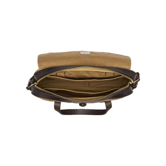 Tan and dark brown briefcase shown open with a zippered main compartment and top handle
