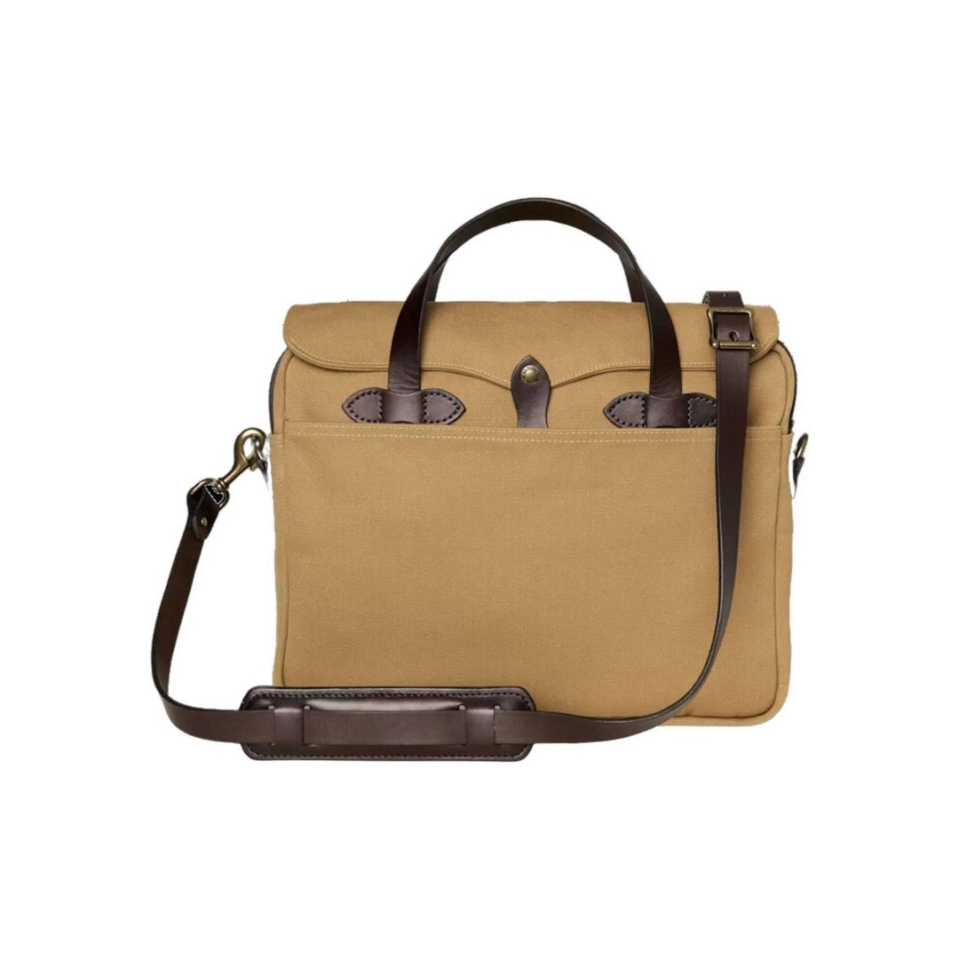Tan canvas briefcase with dark brown leather handles, shoulder strap, and front flap closure