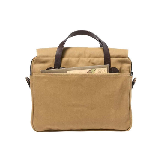 Tan canvas briefcase with brown leather handles and front pocket