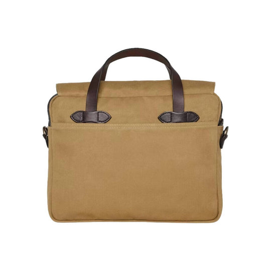 Tan canvas briefcase with dark leather handles and trim, shown front view