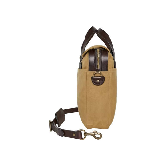 Tan canvas briefcase with dark brown leather handles, trim, and shoulder strap