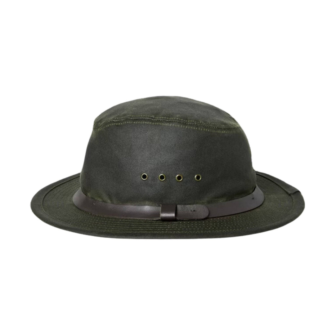 Dark green wide-brim hat with a round crown and leather band