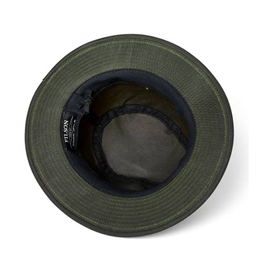 Olive green wide-brim hat viewed from above with a dark inner lining and visible Filson label
