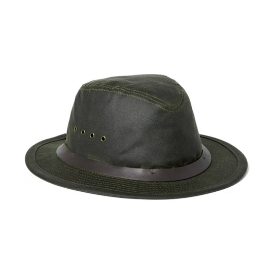 Dark green brimmed hat with a low crown and eyelet vents