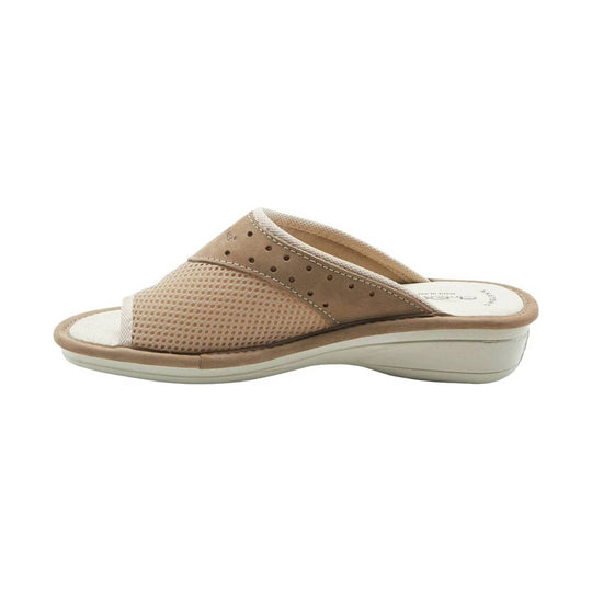 Beige slip-on sandal with mesh upper, tan overlay, and low wedge sole