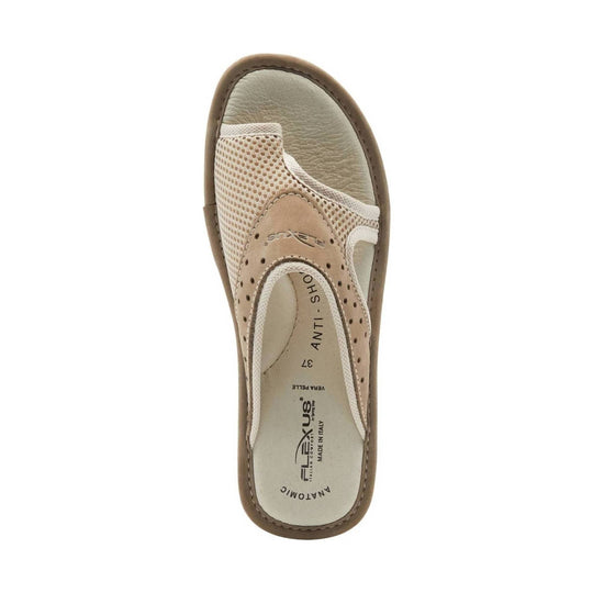 Beige closed-toe slip-on sandal with mesh and perforated leather upper, brown sole, shown from above