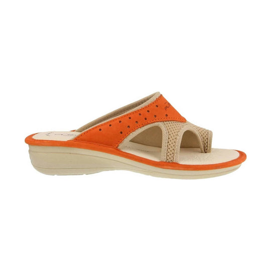 Orange and beige slip-on wedge sandal with mesh side panels and an open toe
