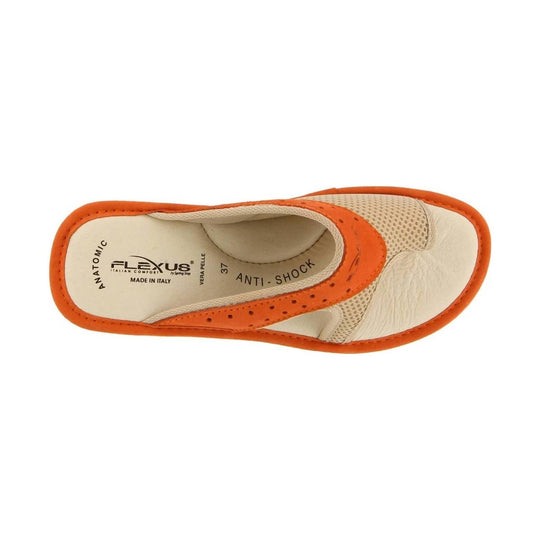 Cream and orange slip-on sandal seen from above with perforated trim and mesh upper