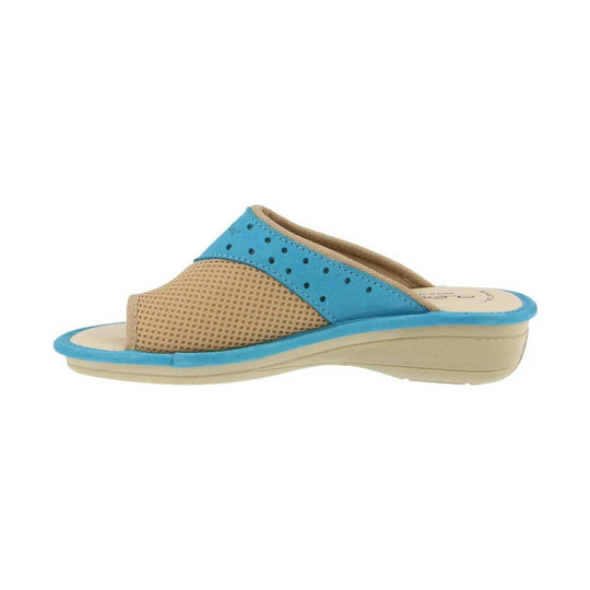 Two-tone slide sandal with tan mesh upper, blue trim, and a beige wedge sole