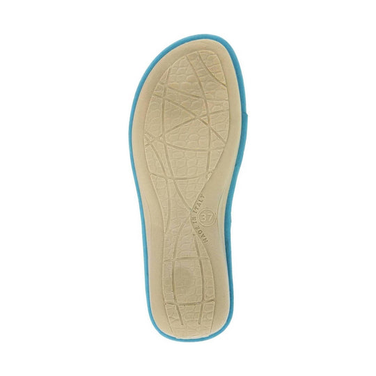 Beige sandal sole with blue edge trim and size 37 marked on the footbed