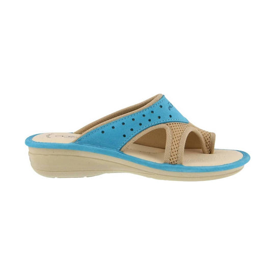 Blue and beige slip-on wedge sandal with perforated straps and open toe
