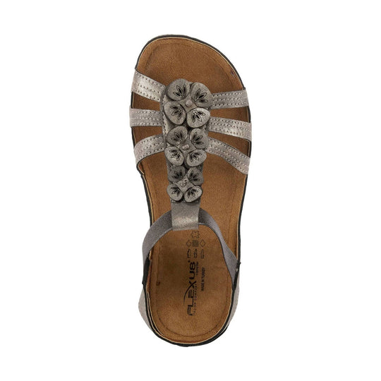 Silver slingback sandal with three straps and floral appliques on the toe strap
