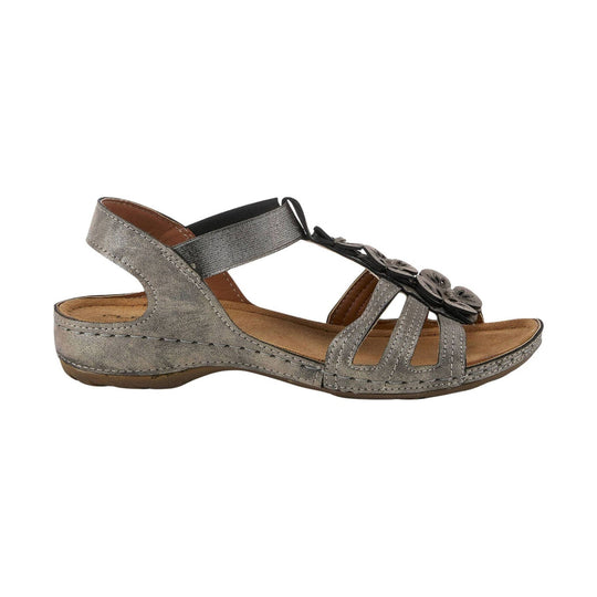 Metallic gray slingback sandal with cutout toe straps, flower detail, and low wedge sole