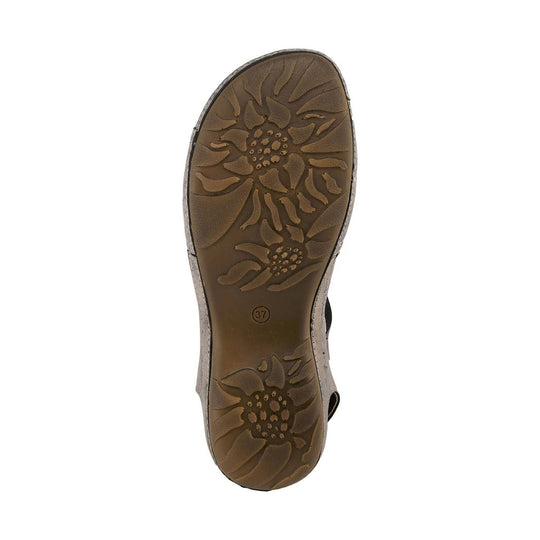 Brown sandal outsole with floral tread pattern and size 37 marking